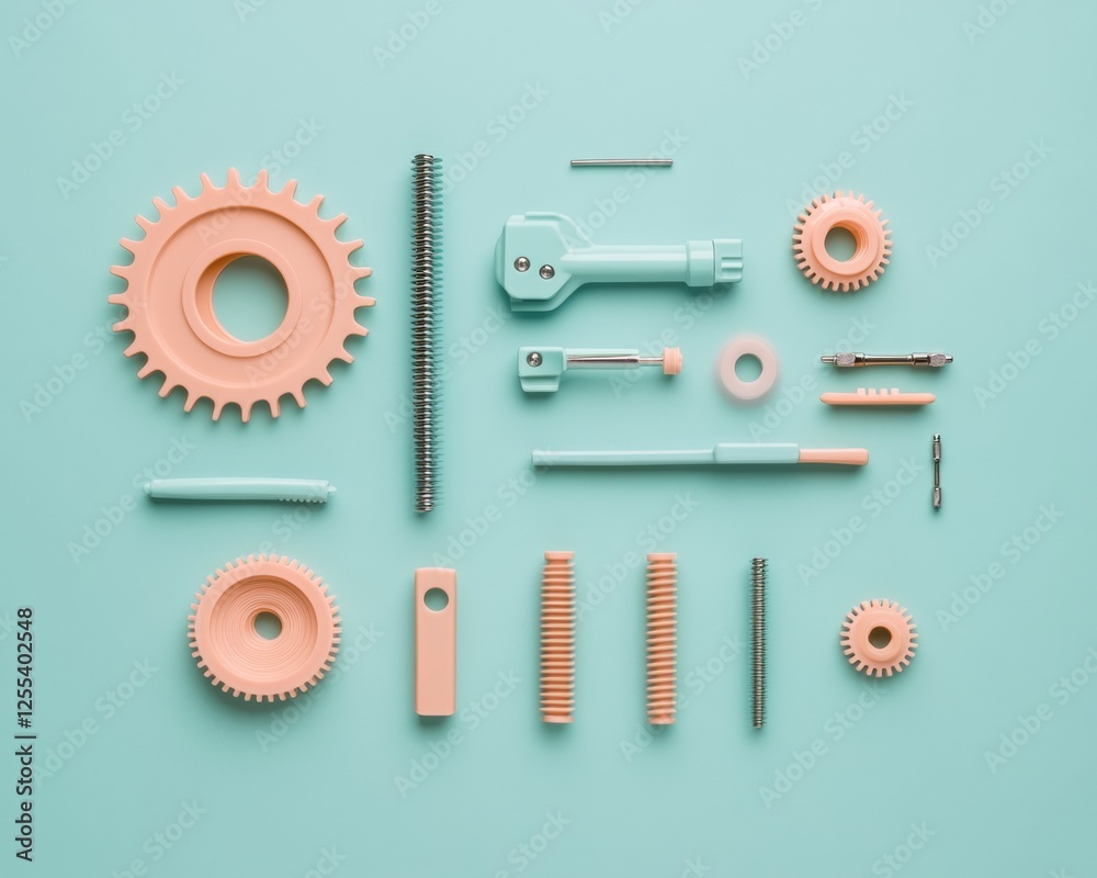 Fototapete pastel robotics components flatlay precision tools and technical manuals on aqua surface - education