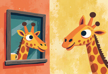Giraffe excitedly waits for coffee at café window, whimsical delight