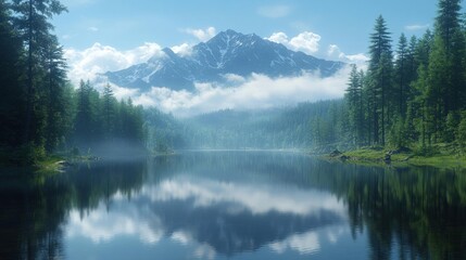 Peaceful Mountain Lake Scene With Reflection
