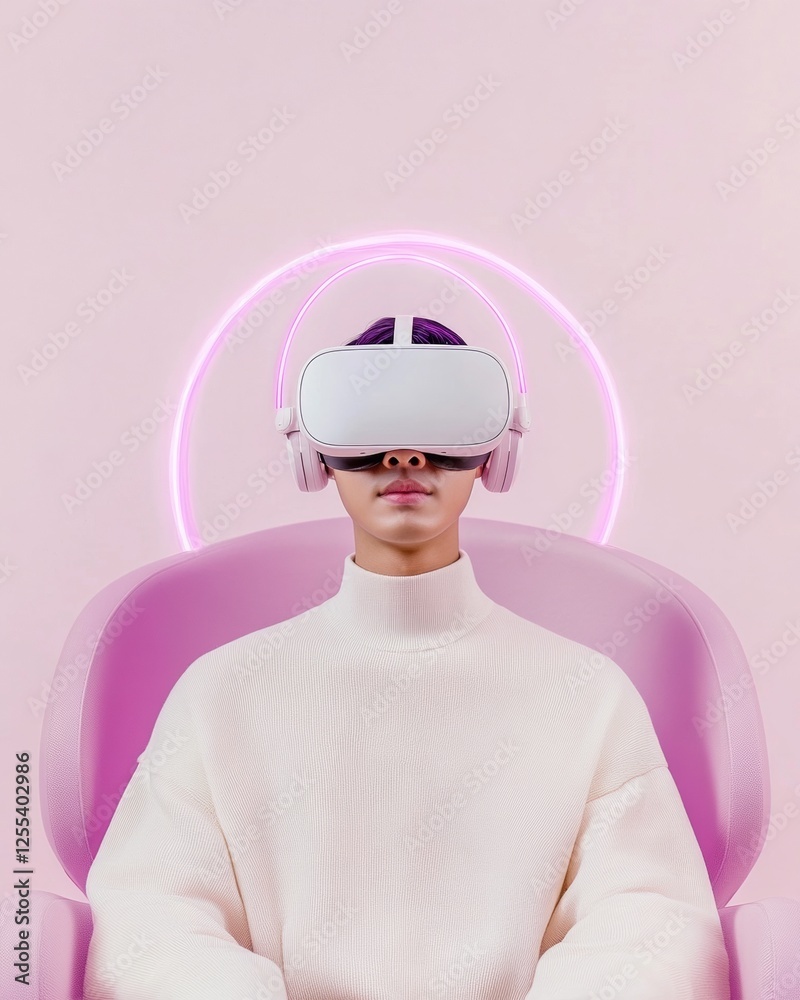 Fototapete neon virtual reality presentation korean innovator in vr headset with holographic tech in minimal wo