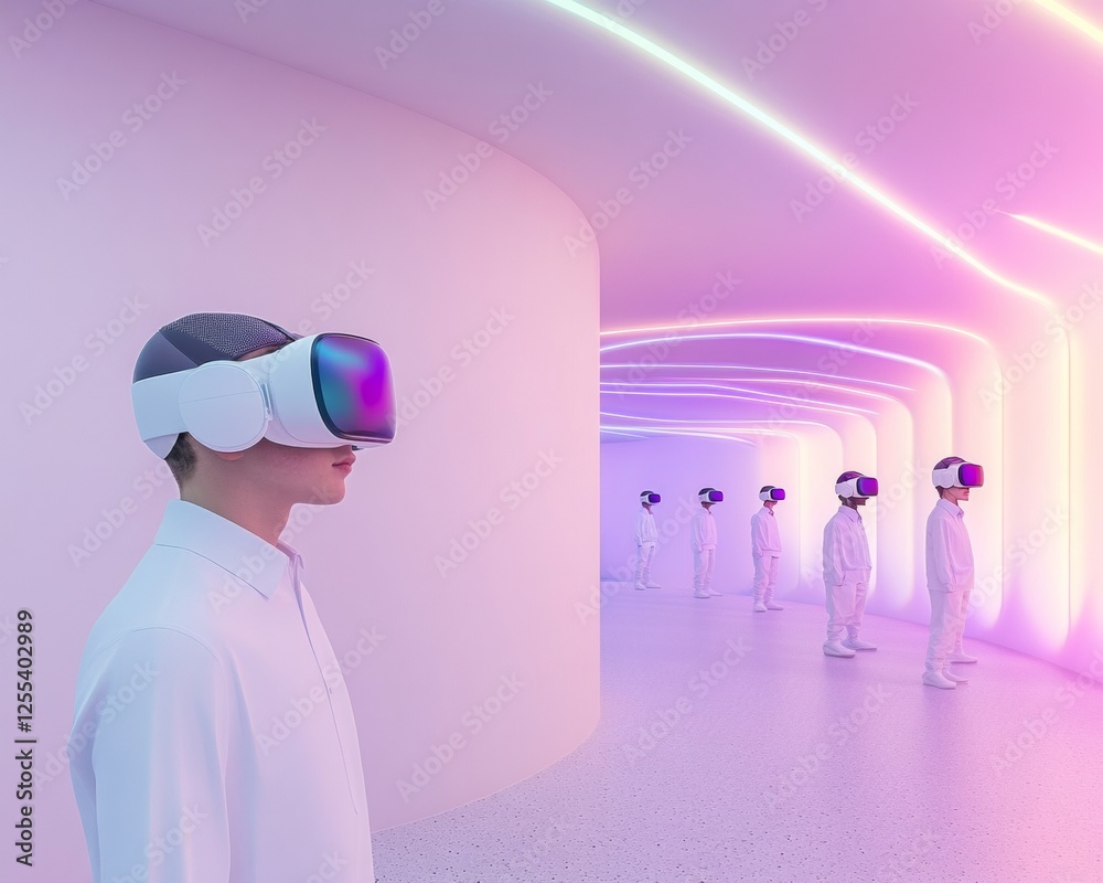 Poster neon tech-empowered workspace diverse students engaging with vr in minimalist bright classroom - edu