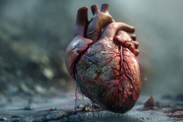 Obraz premium Detailed 3D Visualization of a Heart Showcasing Realistic Anatomical Features and Textures in a Dramatic Environment