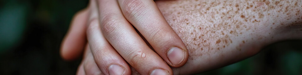 Close-up of Freckled Hands Clasped Together