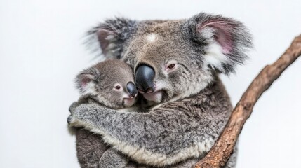Naklejka premium Close Up of Koala Mother and Joey Embracing on a Branch