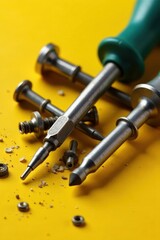 Fototapeta premium Worn-out screwdriver bits on a yellow surface, mechanical, bits
