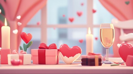 Romantic Valentine's Day scene with gifts, candles, and champagne