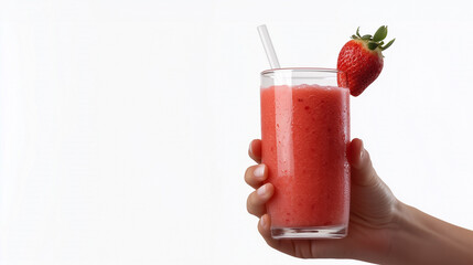 Hand-holding glass of tasty strawberry smoothie isolated on a white background with copy space