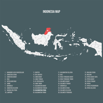 Indonesia Map with 38 Provinces - Kalimantan Utara