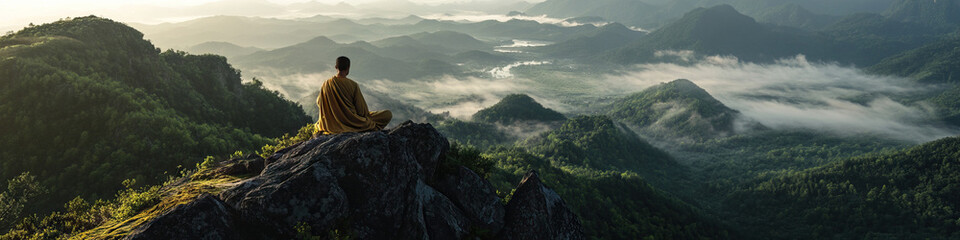 Naklejka premium Monk Meditating on Mountain Peak Overlooking Misty Valley