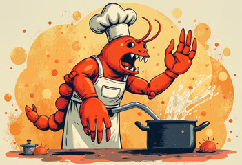 Lobster chef stirring soup in vibrant kitchen, whimsical creativity