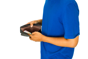 Man in Blue Shirt Counting Money in Wallet Against White Background