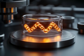 A glowing zigzag wire inside a glass container on a metallic surface, surrounded by scientific equipment, representing advanced technology or experimentation.