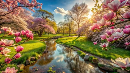 Fototapeta premium Spring's grandeur unfolds: majestic magnolias blossom, a vibrant landscape bathed in sunlight.