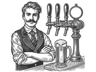 bartender with a mustache standing confidently behind a bar, featuring a beer tap and frothy mug sketch engraving generative ai raster illustration. Scratch board imitation. Black and white image.