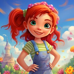 Fototapeta premium Cute red-haired girl in a fantasy flower field illustration.
