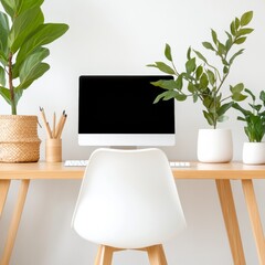 Fototapeta premium Scandinavian Workspace Design Minimalist Wooden Desk with Computer and Foliage - Modern Office Branding and Eco-Friendly Productivity Solutions for Tech Professionals