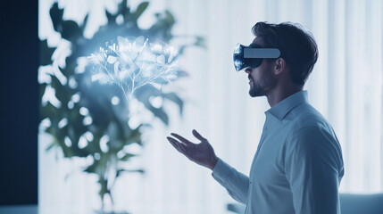 <Modern Businessman with VR Glasses in a Futuristic Office>