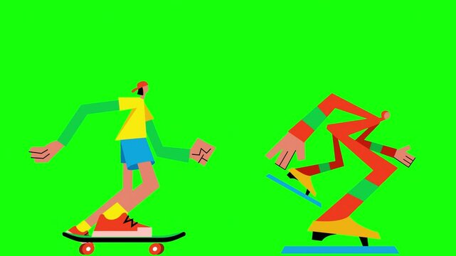 Boy Riding skateboard or man ice skater on green background

