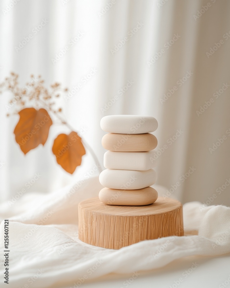 Poster minimalist mindfulness display smooth wooden stones on rustic pedestal in nature-inspired setting - 
