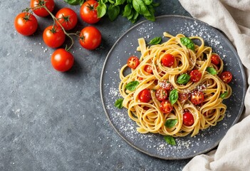 pasta plate with tomatoes on slate