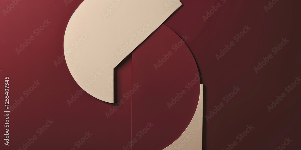 Aufkleber an abstract minimalist artwork against a deep maroon background, geometric shapes and negative space