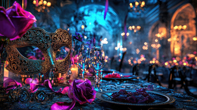 Elegant masquerade ball setting with roses, chandeliers, and a lavish dinner scene in a grand hall
