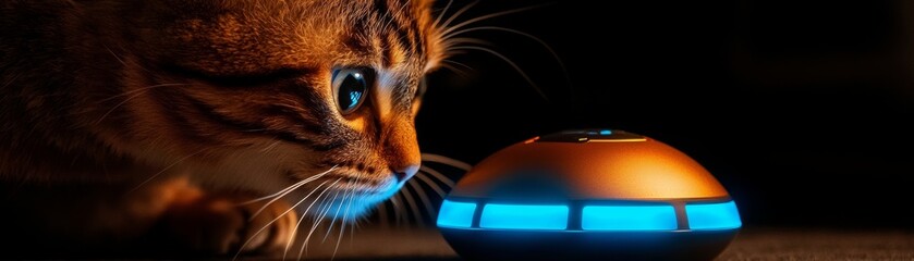 A curious cat observes a glowing, futuristic device in a dark setting, highlighting an intriguing interaction between pets and technology.