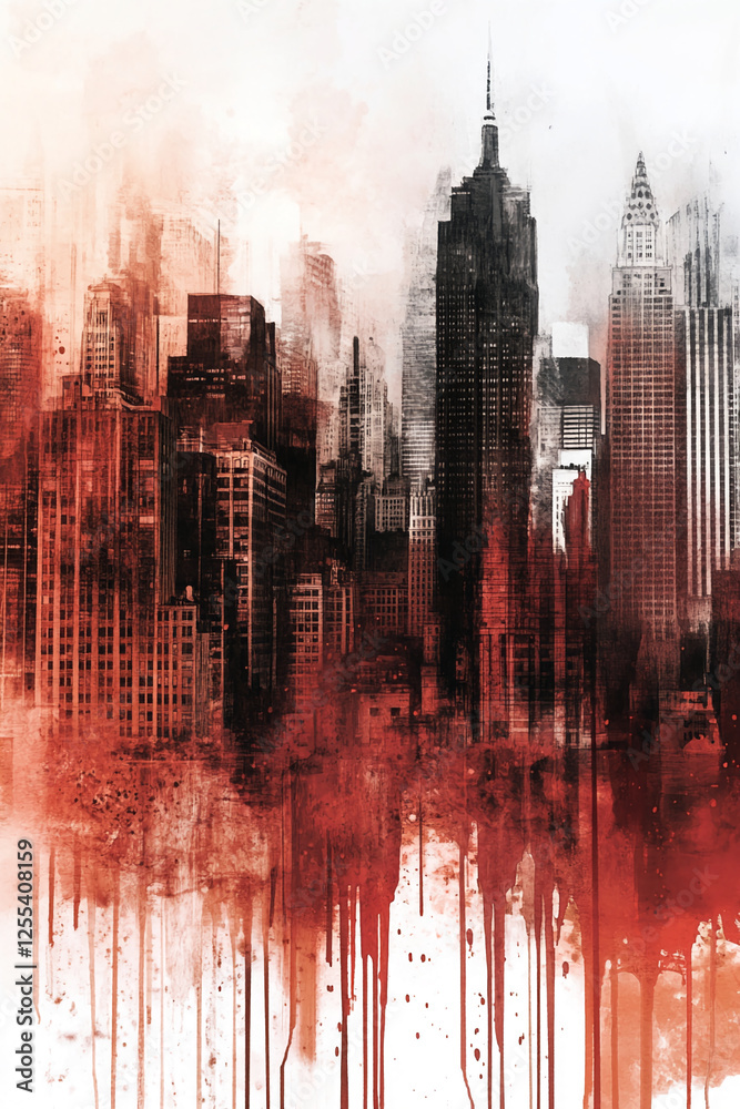 Poster abstract cityscape of skyscrapers with a red ink blot effect, creating a dramatic urban atmosphere, 