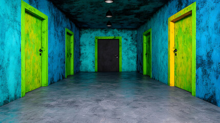 Obraz premium Colorful hallway doors, mysterious building, dark background, choices concept