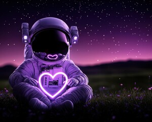 An astronaut sits under a starry sky, holding a glowing heart symbol of love and hope.