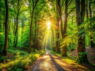 Fototapeta premium Sunlit pathways wind through lush, autumnal woods, a magical, high-depth-of-field hike.