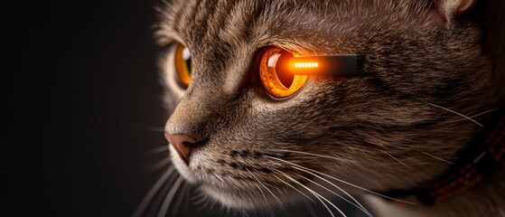 A futuristic cat with glowing orange eyes, showcasing a blend of technology and nature in a dark background.