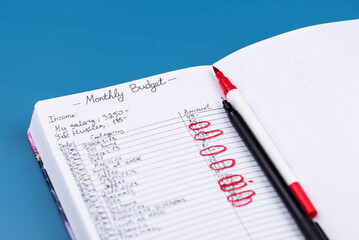 Open daily planner notebook on desk, with neatly handwritten organized Monthly Budget tracking. With dates, categories and expenses. Personal finance management, spending and budgeting habits concept.