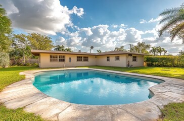Beautiful home with a large pool in the backyard, a stunning sunset sky