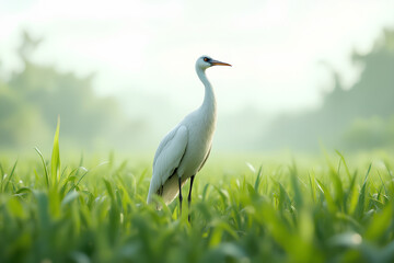 Fototapeta premium Elegant white Little Egret standing serenely amidst lush green grass fields on Nyepi day symbolising peace and silence in Balinese Nature