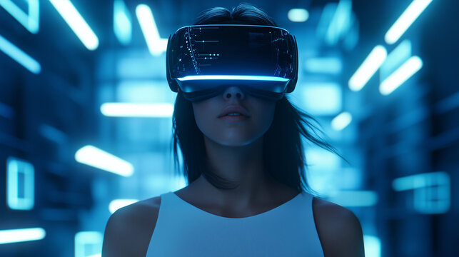 Businesswoman in VR Glasses in Modern Office with Data Visualization