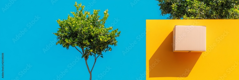 Aufkleber vibrant logistic design cardboard box and citrus tree on bold yellow wall - modern supply chain aest