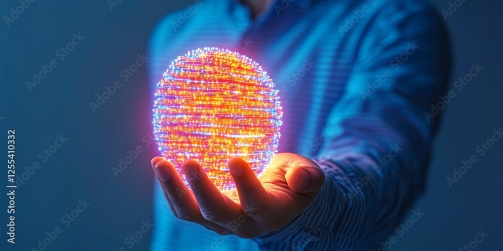 Poster Futuristic Monitoring Display Sphere Interactive LED Interface in Hand - Modern Tech Content and Innovative Business Applications for Advanced Emergency Response Systems