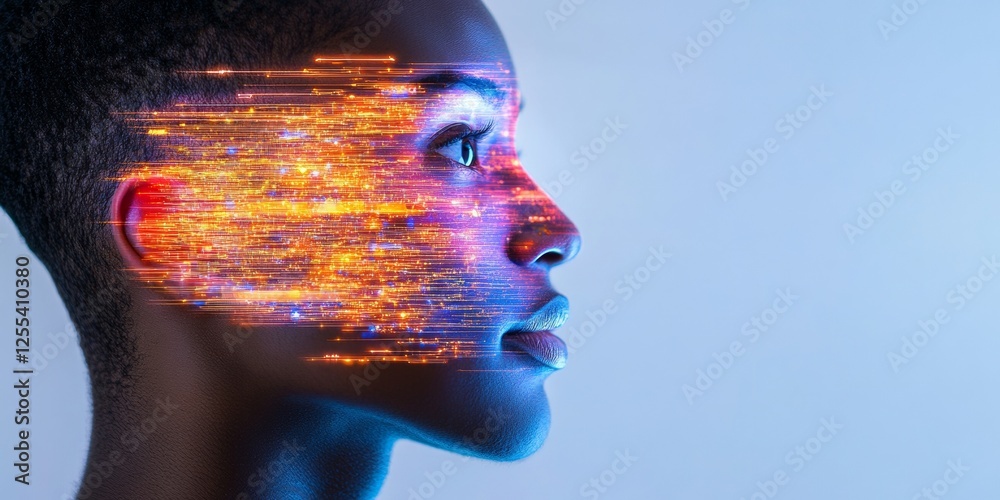 Aufkleber cybernetic aesthetic futuristic portrait with digital light effects on smooth skin - innovative tech