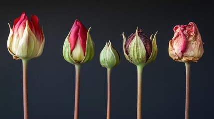 Five rose buds in various stages of bloom against a dark background.