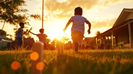 Vibrant Backyard Cricket Joyful Indian Family in Sunset Glow with DIY Stumps - Cultural Celebration and Dynamic Outdoor Advertising Content