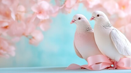 Fototapeta premium Two elegant white doves sit together, adorned with a soft pink ribbon, against a dreamy pastel background of cherry blossoms.