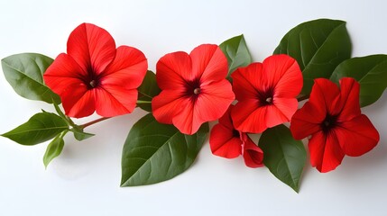 Vibrant Red Petunia Blooms with Lush Green Foliage on a Clean White Background Still Life