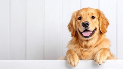 A cheerful golden retriever leans over a white surface, against a light background.