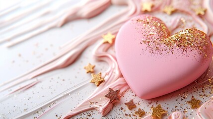 Naklejka premium A pink heart-shaped treat adorned with golden glitter and surrounded by swirls of creamy frosting and small stars, creating a whimsical dessert scene.