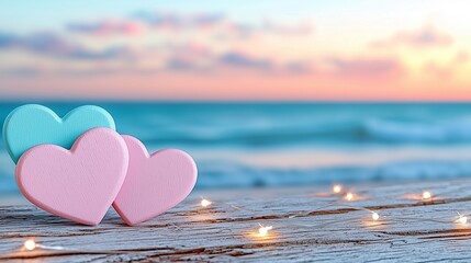 Fototapeta premium Three pastel hearts sit on a wooden surface beside twinkling lights, with a beautiful ocean sunset in the background.