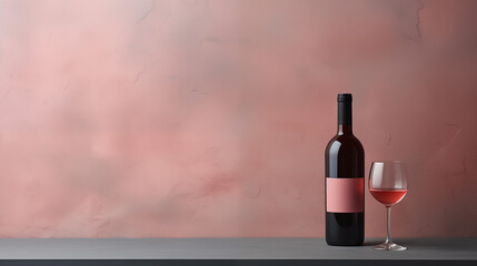Fototapeta premium Bouteille de vin rosé sur fond uni. Couleurs gris/rose. Boisson, alcool, fête. Vin rosé. Pour conception et création graphique.