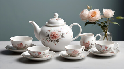 Fototapeta premium Beautiful porcelain teacup and teapot set with romantic flowered patterns and vintage charm on a background.