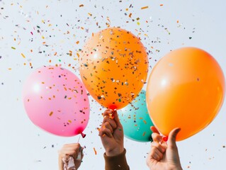 Vibrant Team Celebration Colorful Balloons and Confetti in Collaborative Space - Modern Office Culture and Stress Relief Visual for Corporate Wellness Promotions