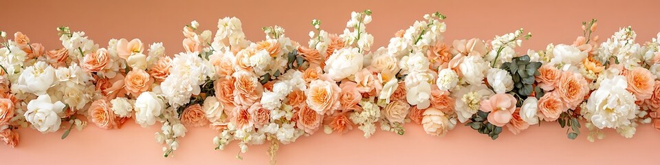 Wedding reception table with a cascading floral centerpiece in shades of peach and ivory, against a light coral background